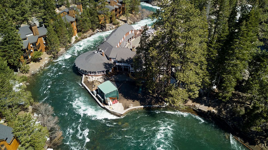 Aerial drone footage of River Ranch Lodge in Lake Tahoe